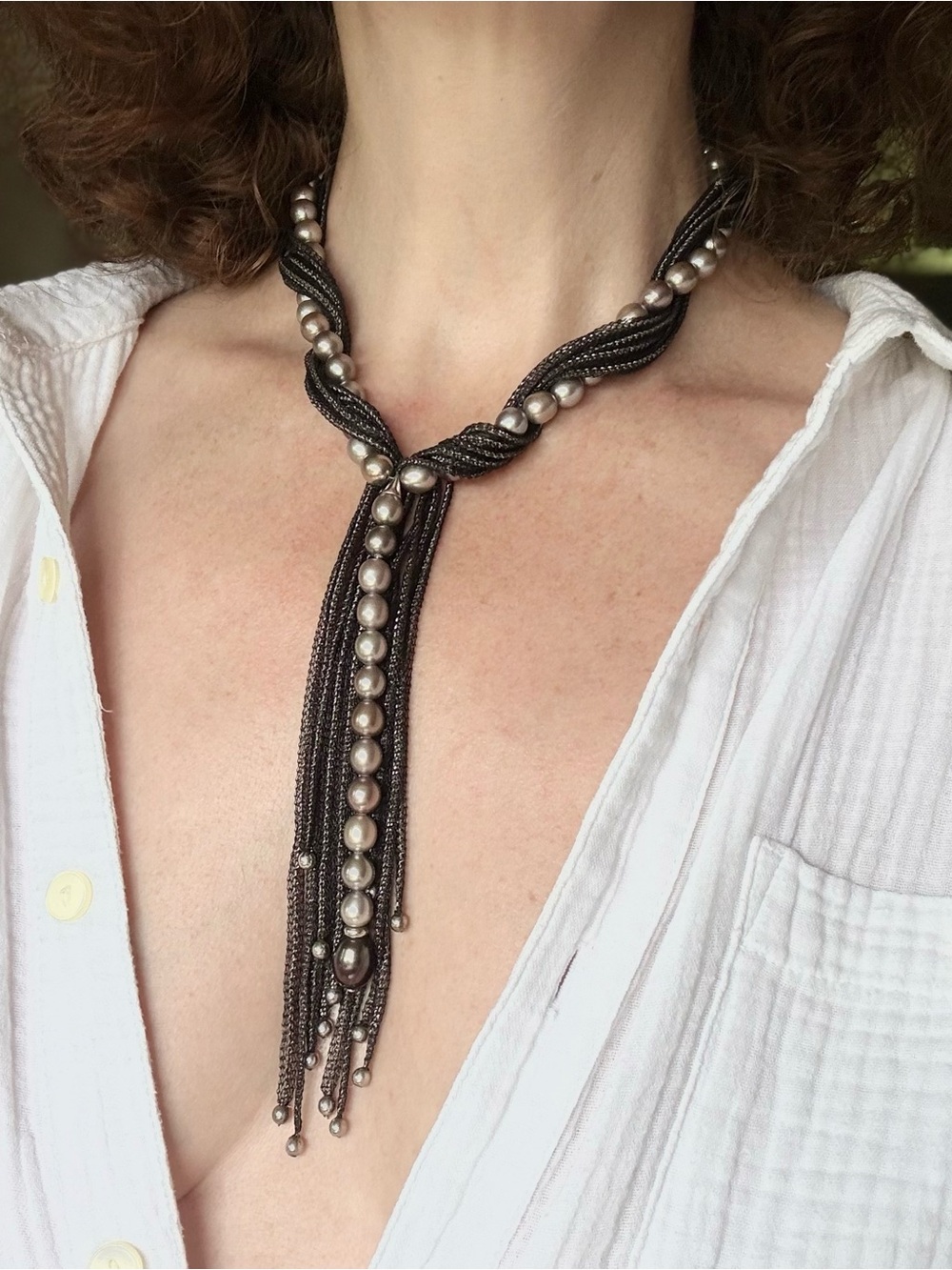 Sterling Silver Mesh + Grey Pearl Lariat Necklace Two-Tone Tassel NWT